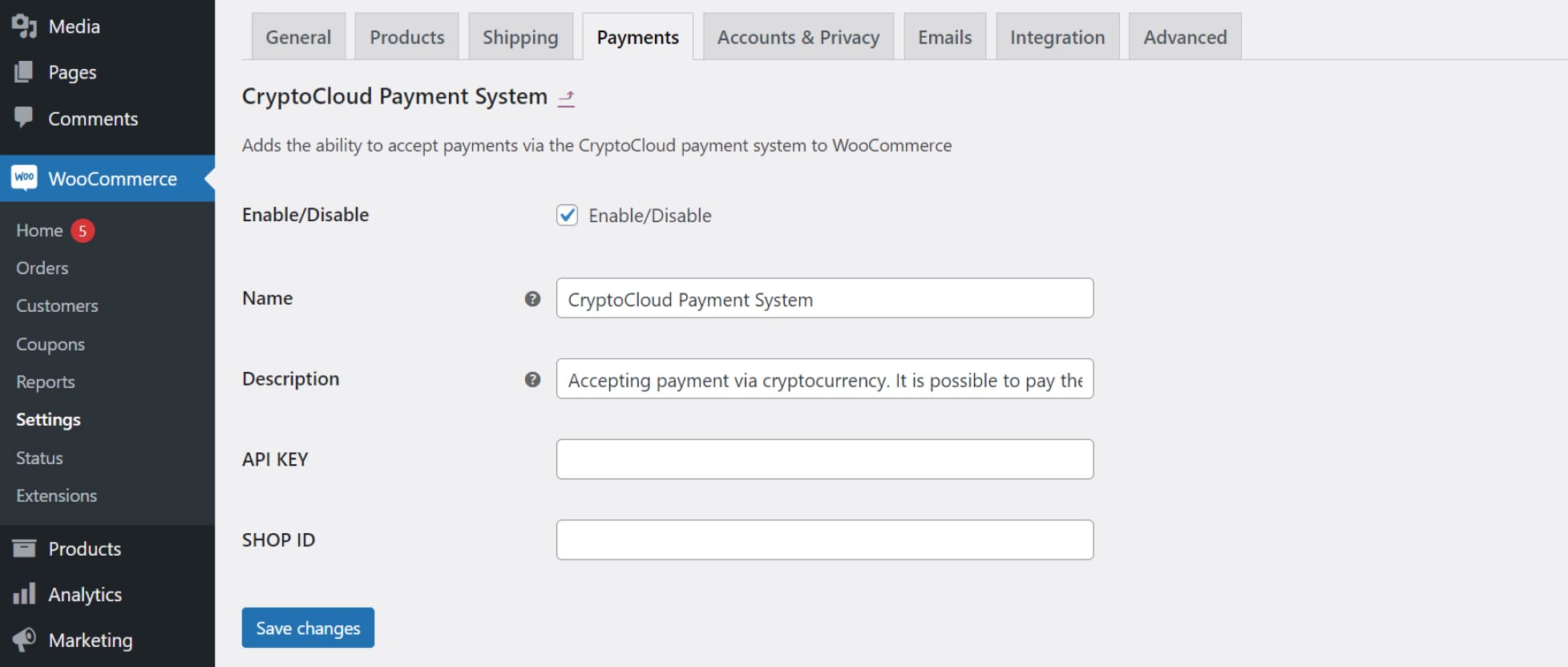 CryptoCloud integration with a website on Woocommerce